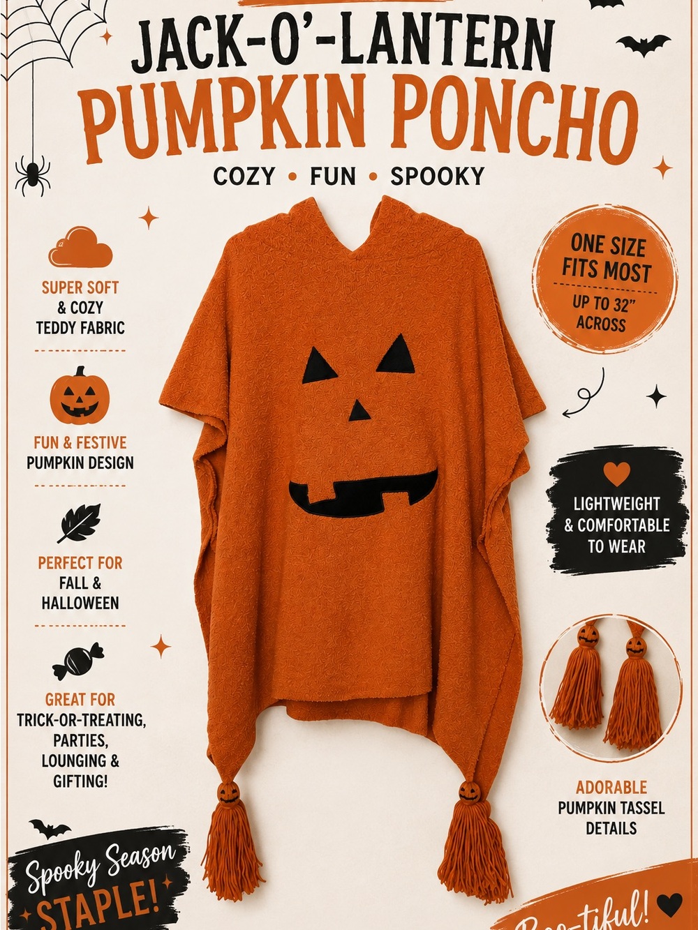 Pumpkin Jack-O'-Lantern Hooded Poncho - One Size NWT